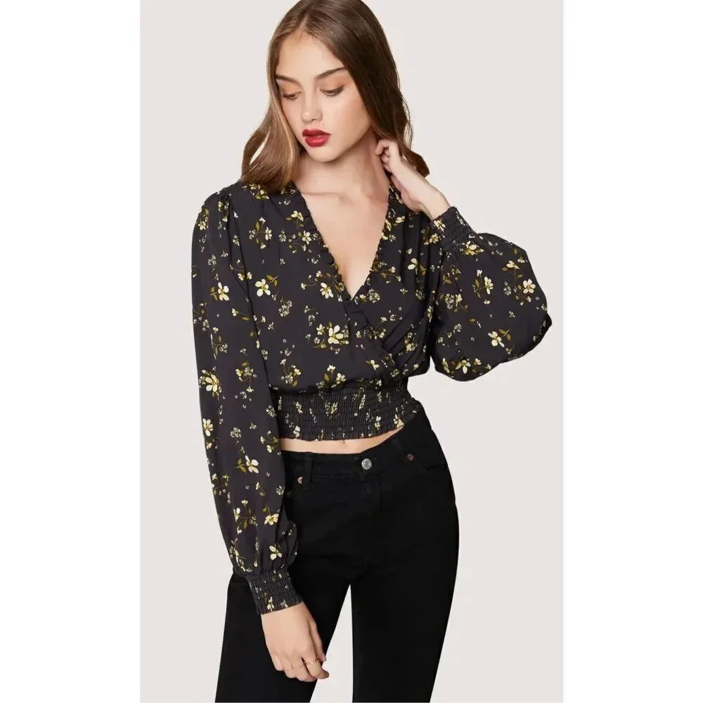 Lost + Wander Dark Floral Wrap Crop Top Size 2X Black Ruffle Trim Cottage Fairy